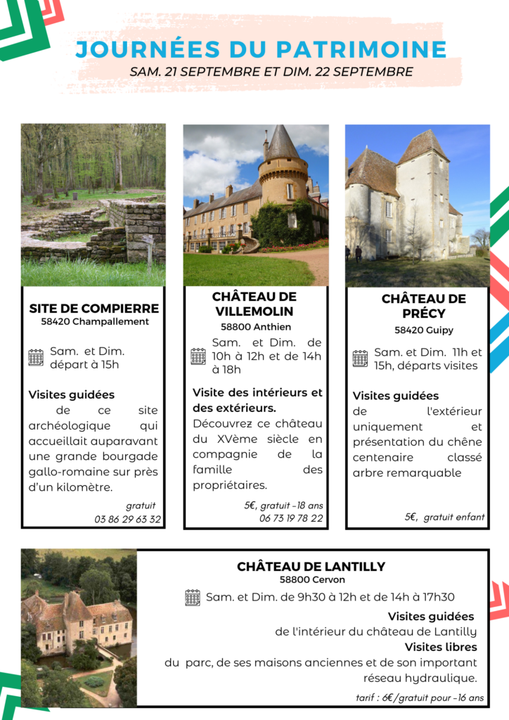 Journées du patrimoine 2024 : site Compierre, château de villemolin, château de Précy, Château de Chitry-les-Mines