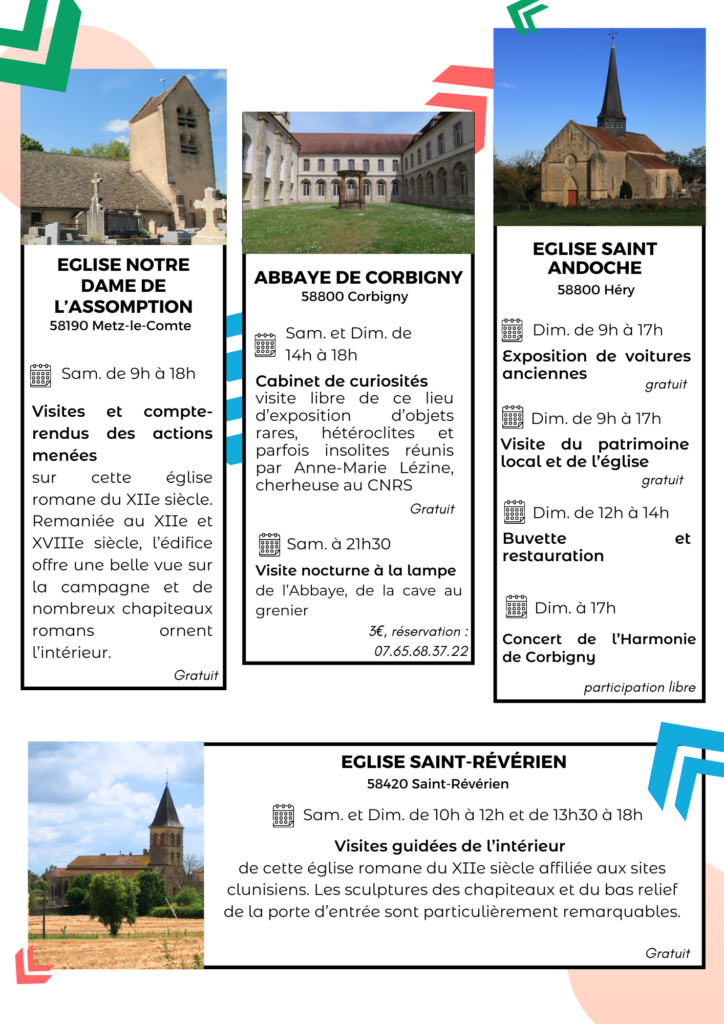 Journées du patrimoine 2024 : Abbaye de Corbigny, Eglise de St Révérien, Eglise de Metz-le-Comte, église d'Héry