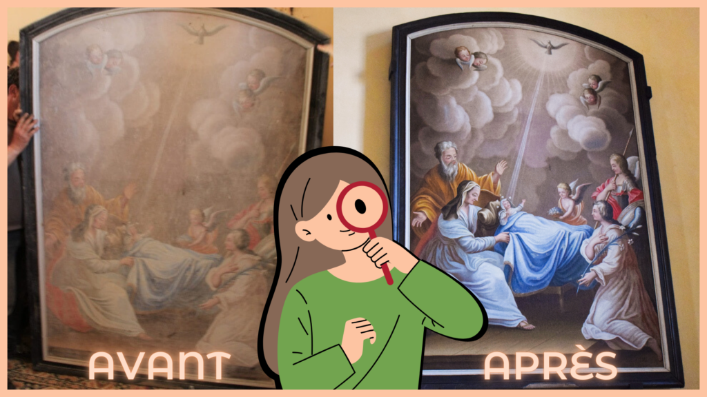 Ce montage montre le tableau avant la restauration et le tableau après sa restauration. Les couleurs sont beaucoup plus vives dans l'après