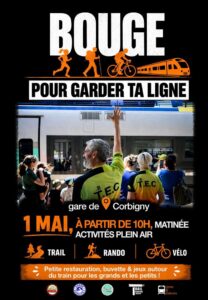 affiche action "Bouge pour garder ta ligne" le 1er mai à partir de 10h. Trail, rando, vélo, animation, buvette et restauration