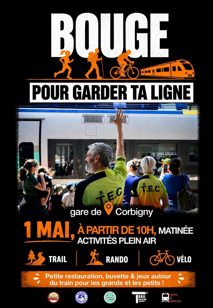 affiche action "Bouge pour garder ta ligne" le 1er mai à partir de 10h. Trail, rando, vélo, animation, buvette et restauration